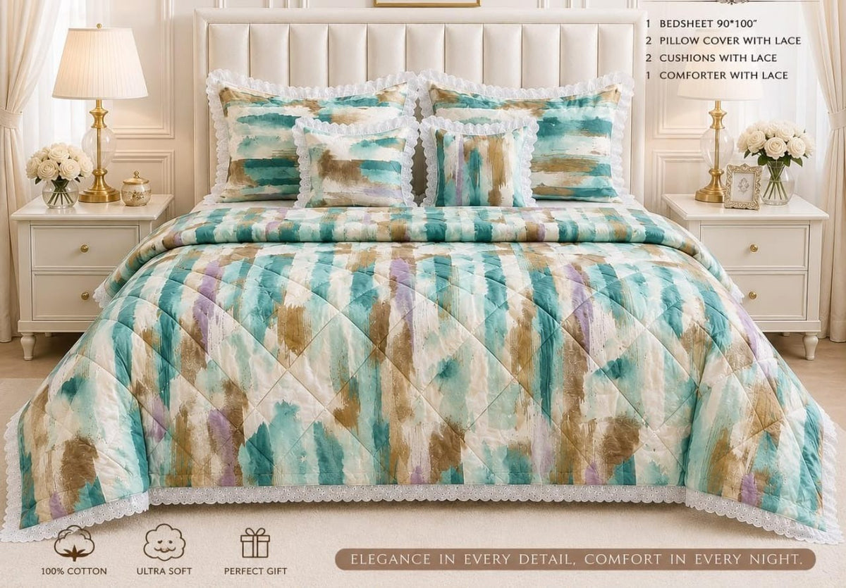 Printed Lace Trim 6 Piece Comforter Set