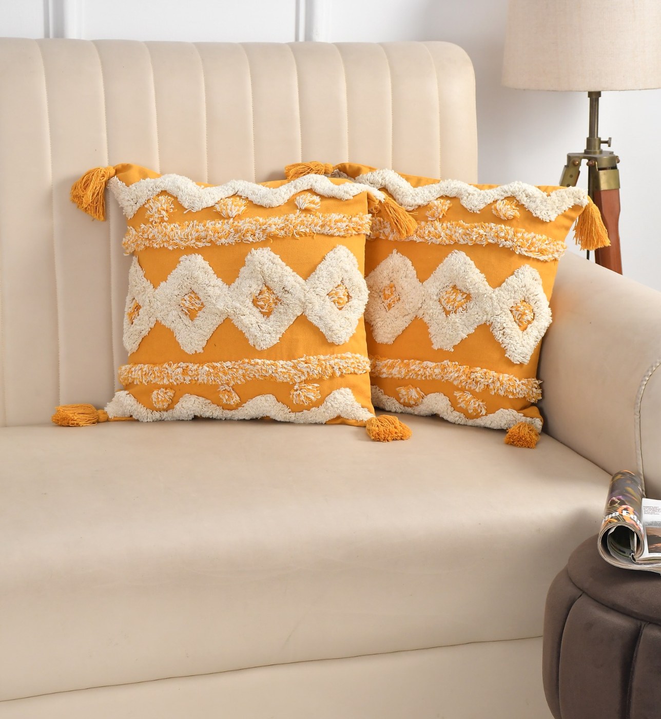 Mustard geometric cushions