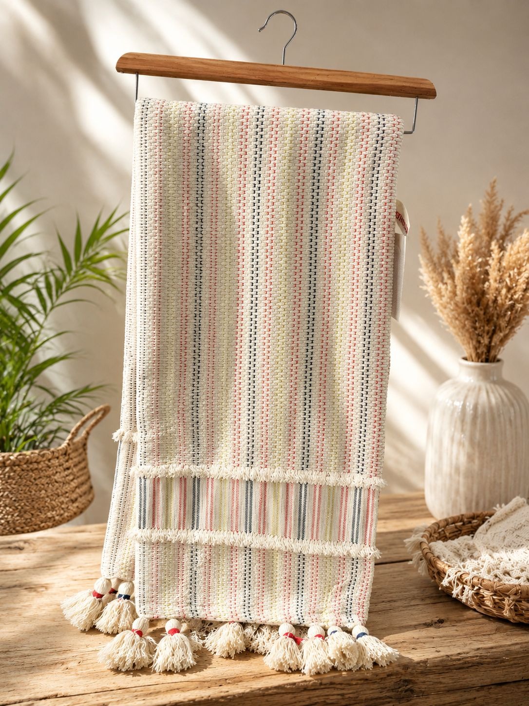 Cotton Striped Sofa Throw With Tassels