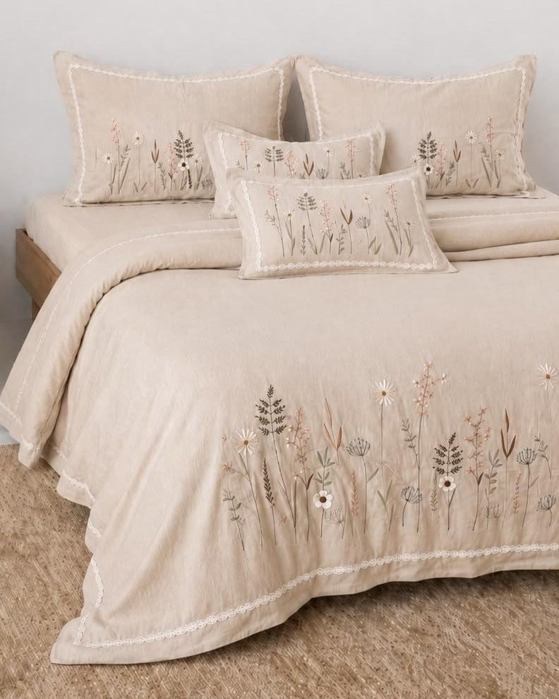 Floral Embroidered 6 Piece King Comforter Set in Beige