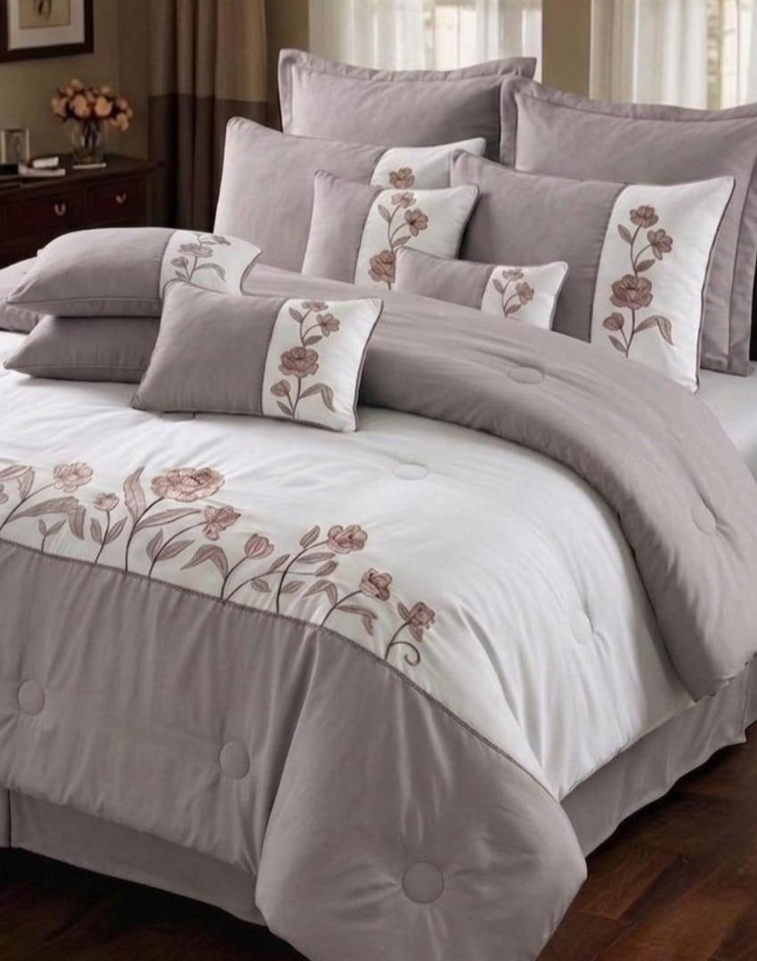 Floral Embroidered Panel Comforter Set in Mauve
