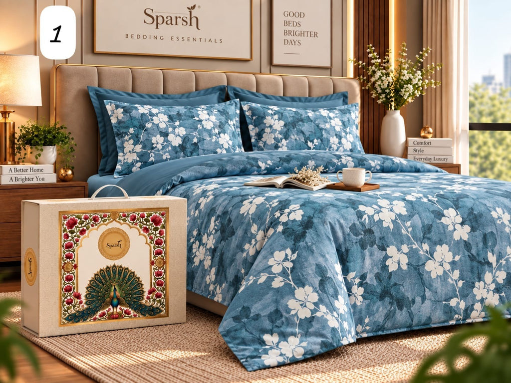 Printed Floral Bedding Set in Blue