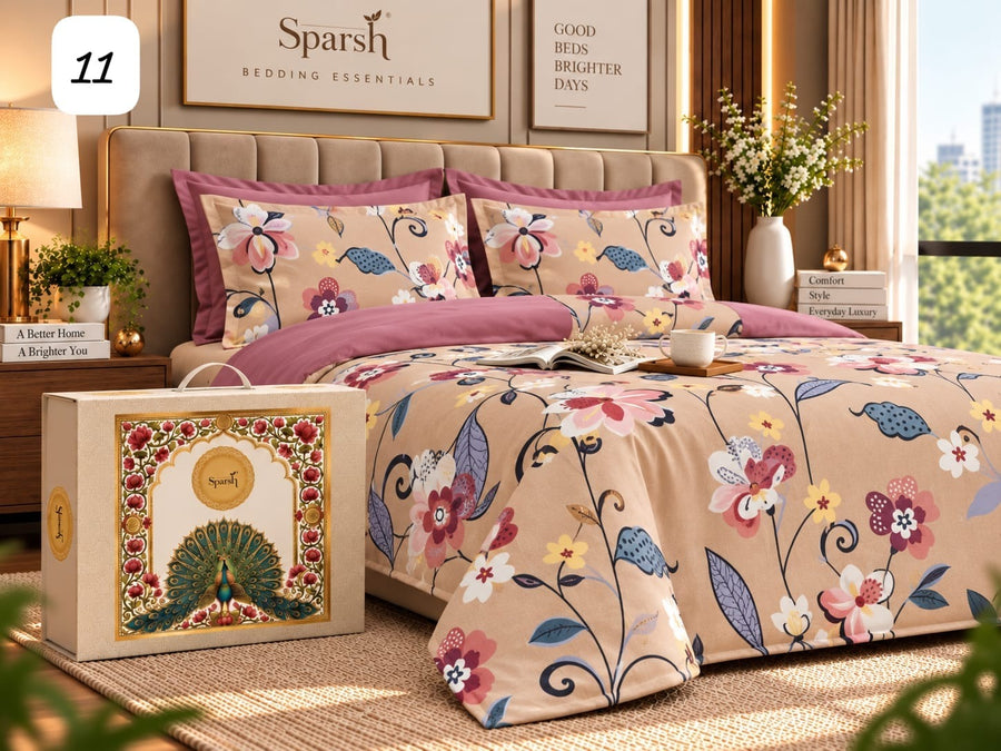 Printed Floral Bedding Set in Peach