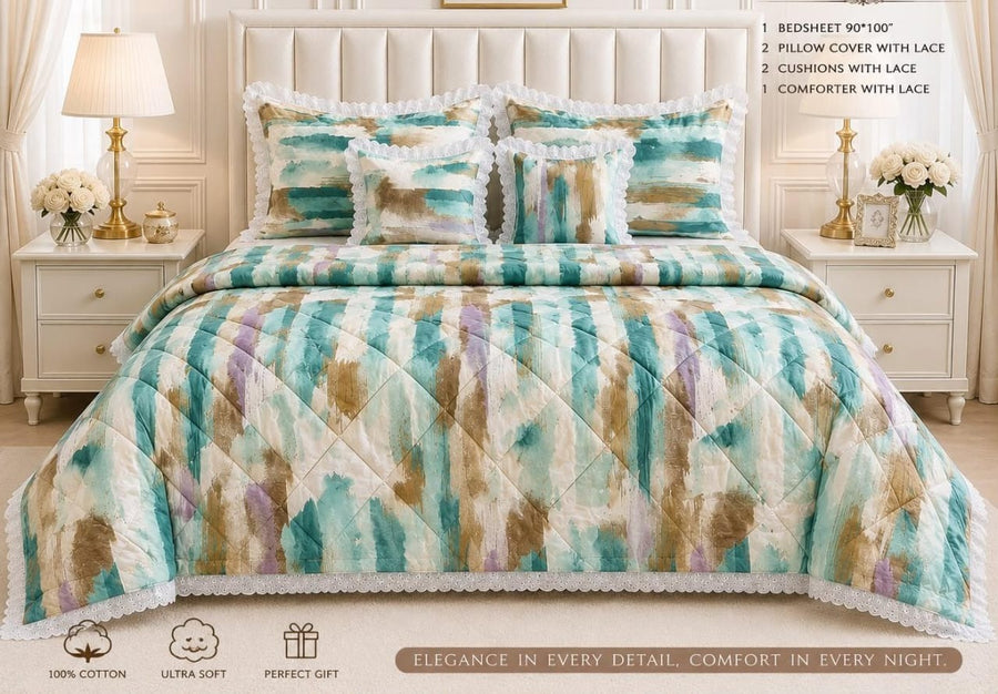 Printed Lace Trim 6 Piece Comforter Set