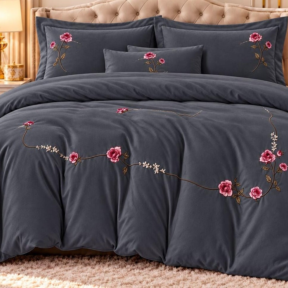 Royal Embroidered King Size 4 Piece Comforter Set in Charcoal Grey