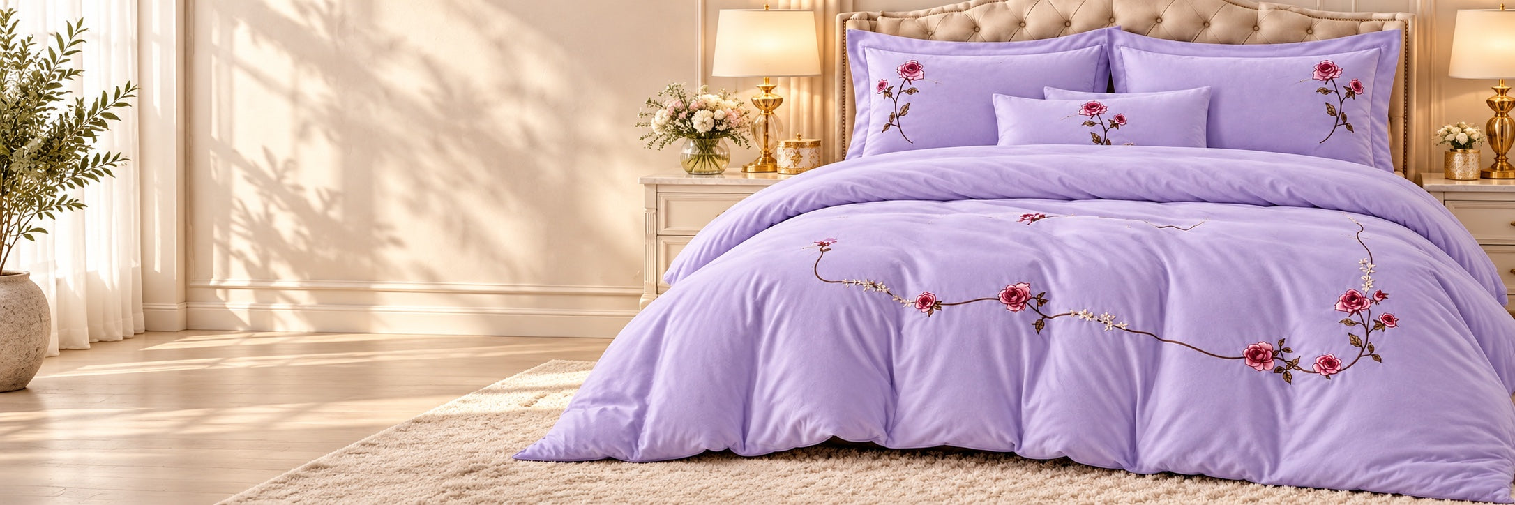 Lavender rose-embroidered comforter styled in a warm neutral bedroom