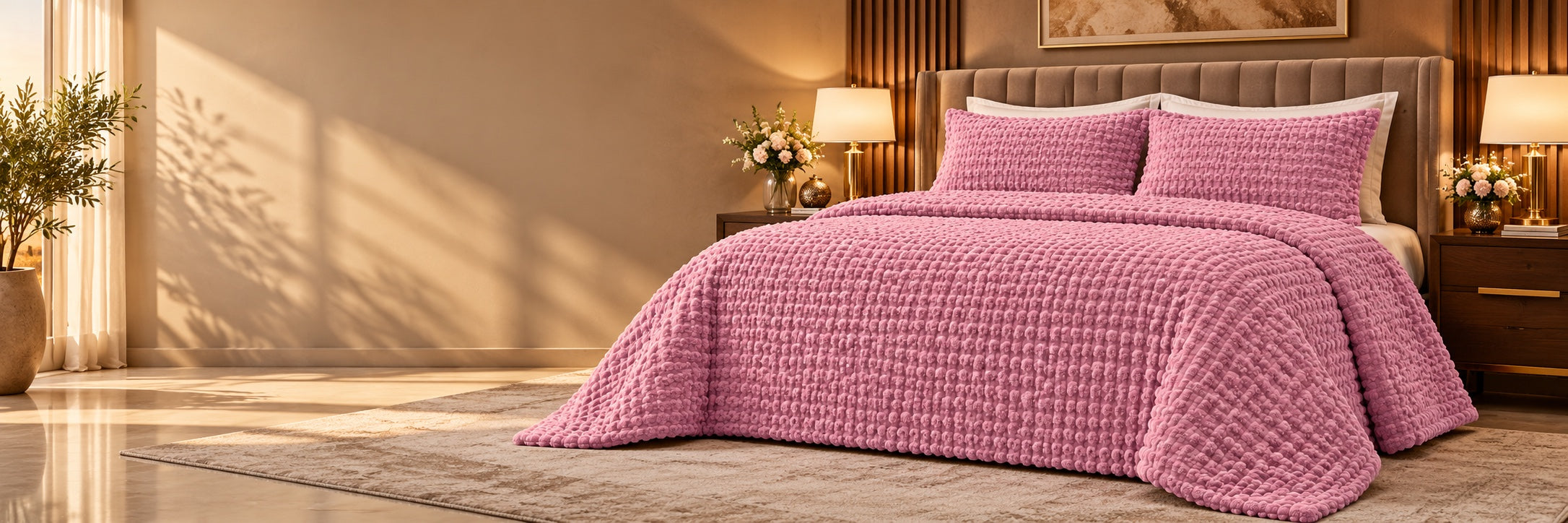 Dusty pink textured quilt styled on a bed in a warmly lit bedroom