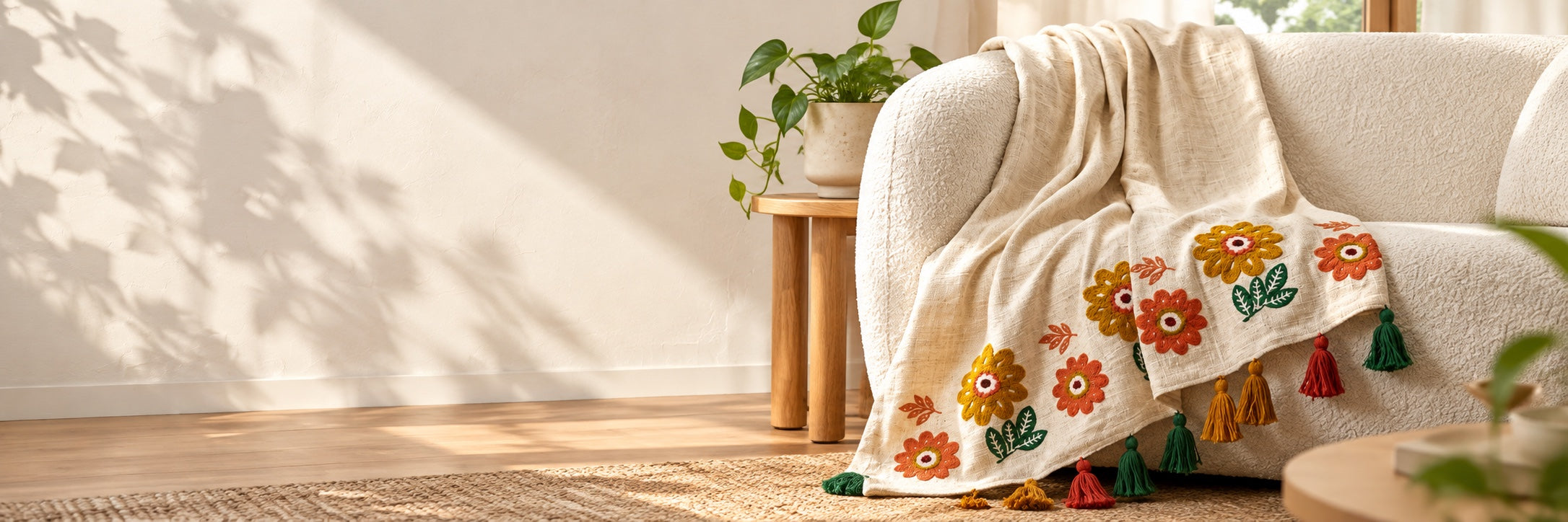 Cream floral tassel throw styled over an ivory armchair