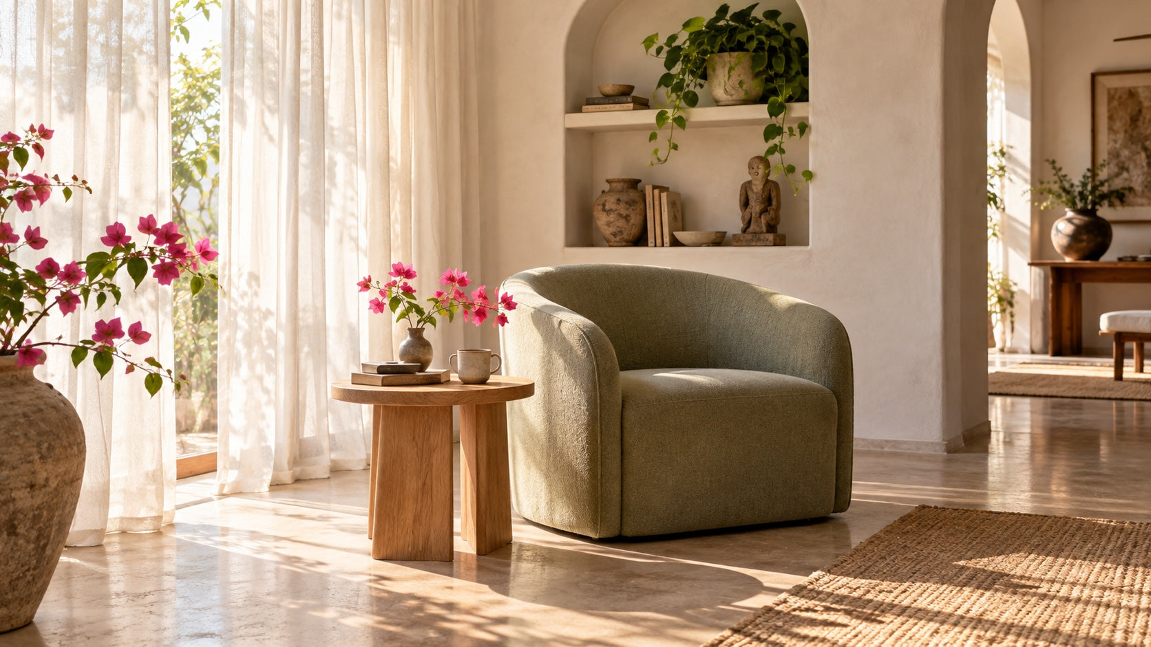 An inviting, sunlit reading corner — editorial lifestyle illustration